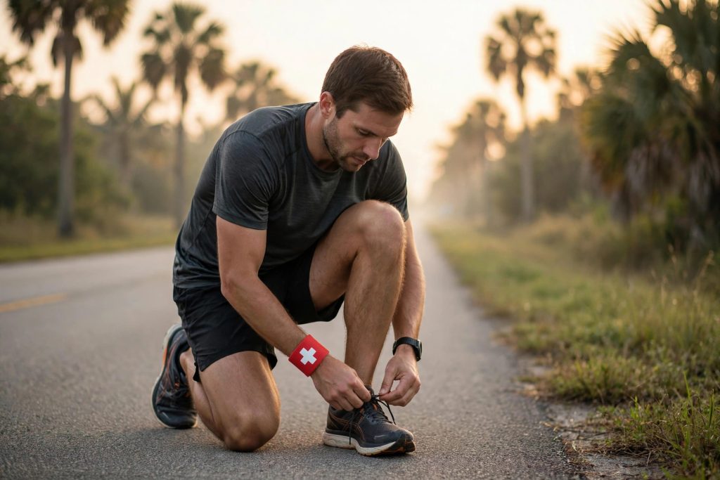 Runner at dawn wearing a red Emergency TapCard wristband while tying a shoe