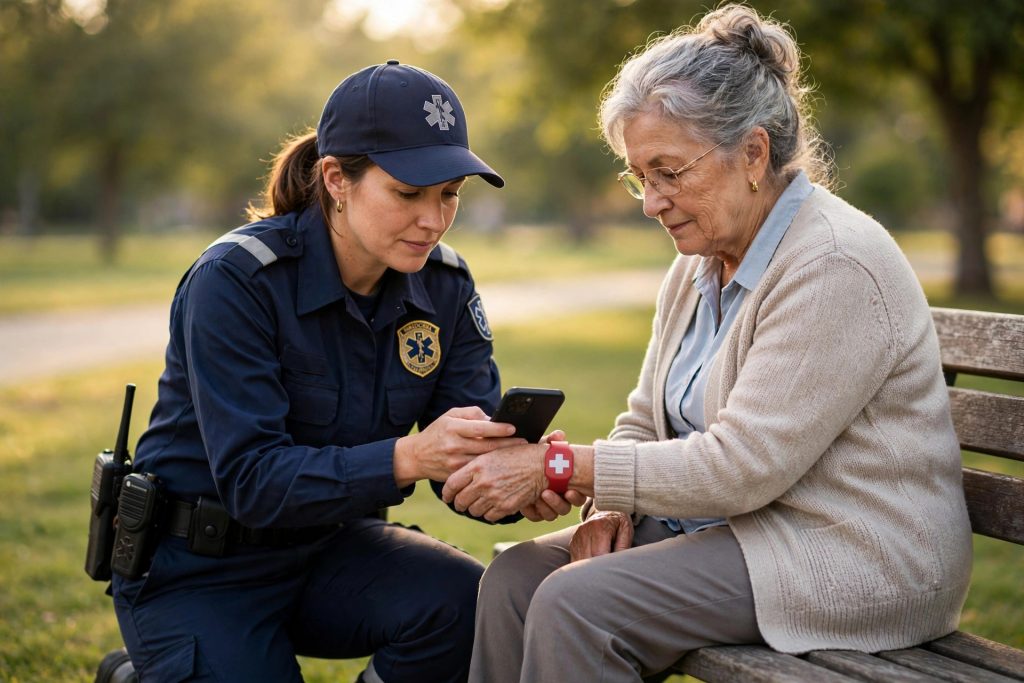 First responder tapping a senior woman's red Emergency TapCard wristband with a smartphone in a park