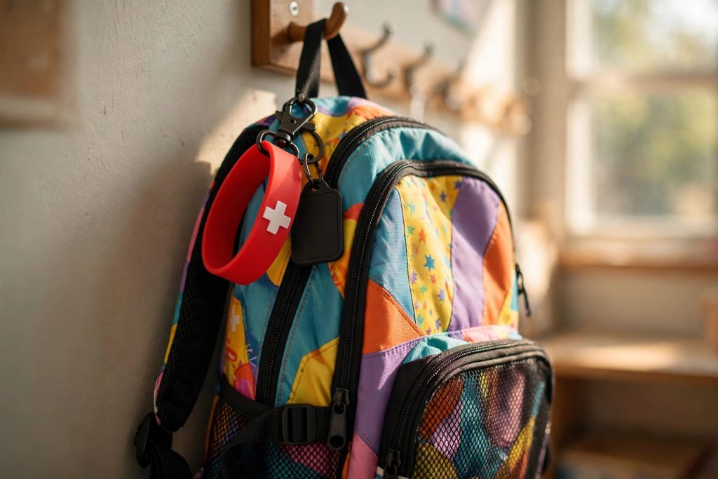 Colorful school backpack with a red Emergency TapCard wristband and keychain clipped to it