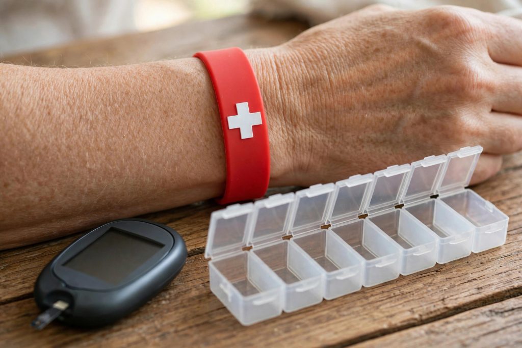 Wrist wearing a red Emergency TapCard wristband beside a pill organizer and glucose meter