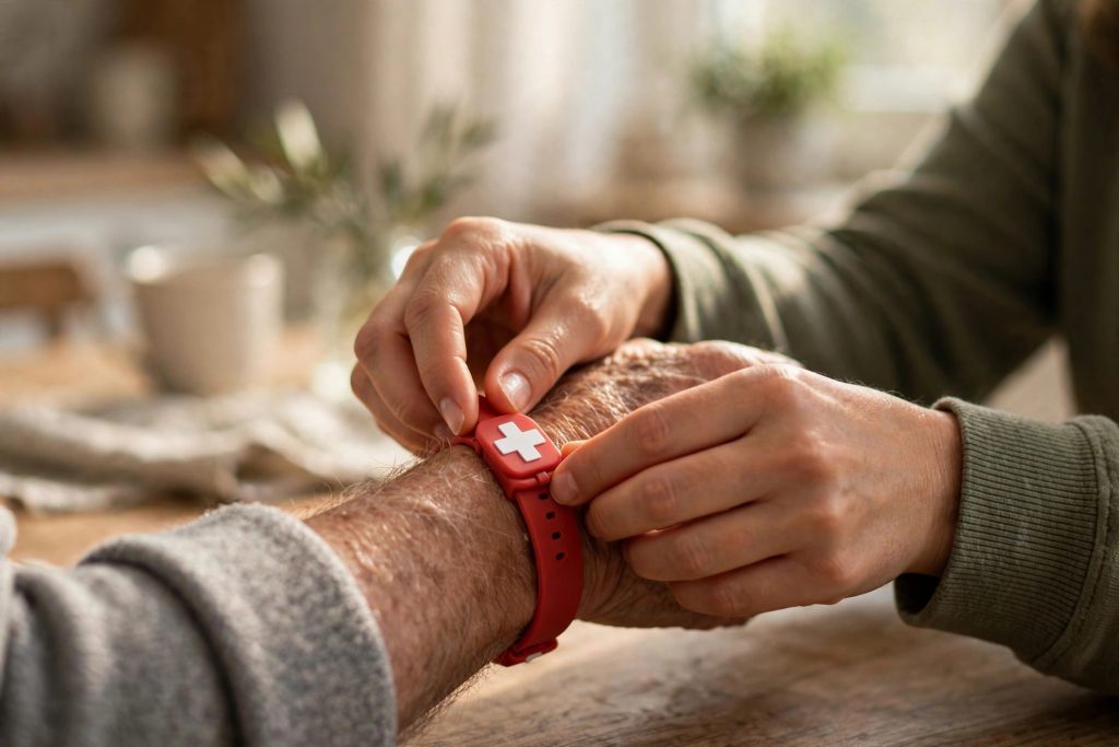 Daughter fastening a red Emergency TapCard wristband onto her elderly father's wrist at home