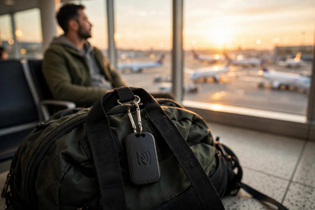 Travel backpack at an airport with a black Emergency TapCard keychain clipped to the strap
